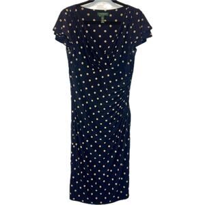 RALPH LAUREN 12 Navy Polka Dot Faux Wrap Side Ruched Dress Size 12